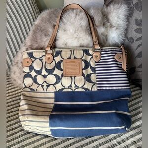 Coach Emma Daisy Patchwork Tote Blue Canvas Leather Trim Signature C Tote Bag